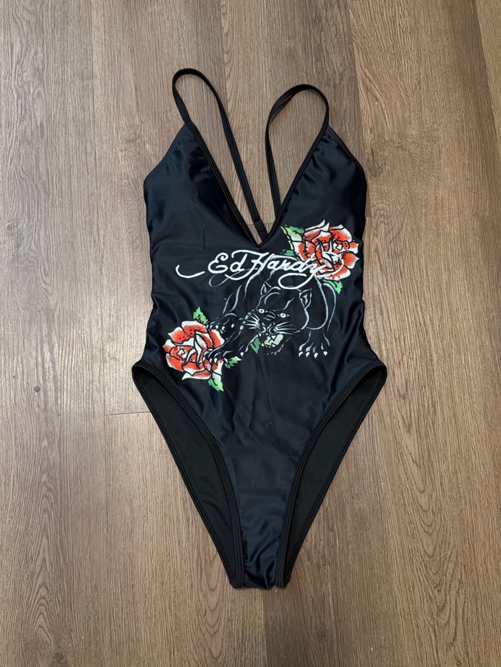 Ed Hardy Black One-Piece with Rose & Panther Print